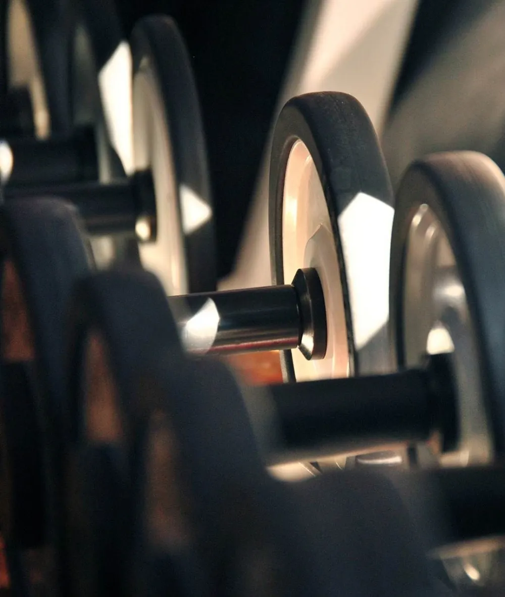 A row of dumbbells on a weight rack, close-up focusing on the metal bars and circular plates, ready for strength training.