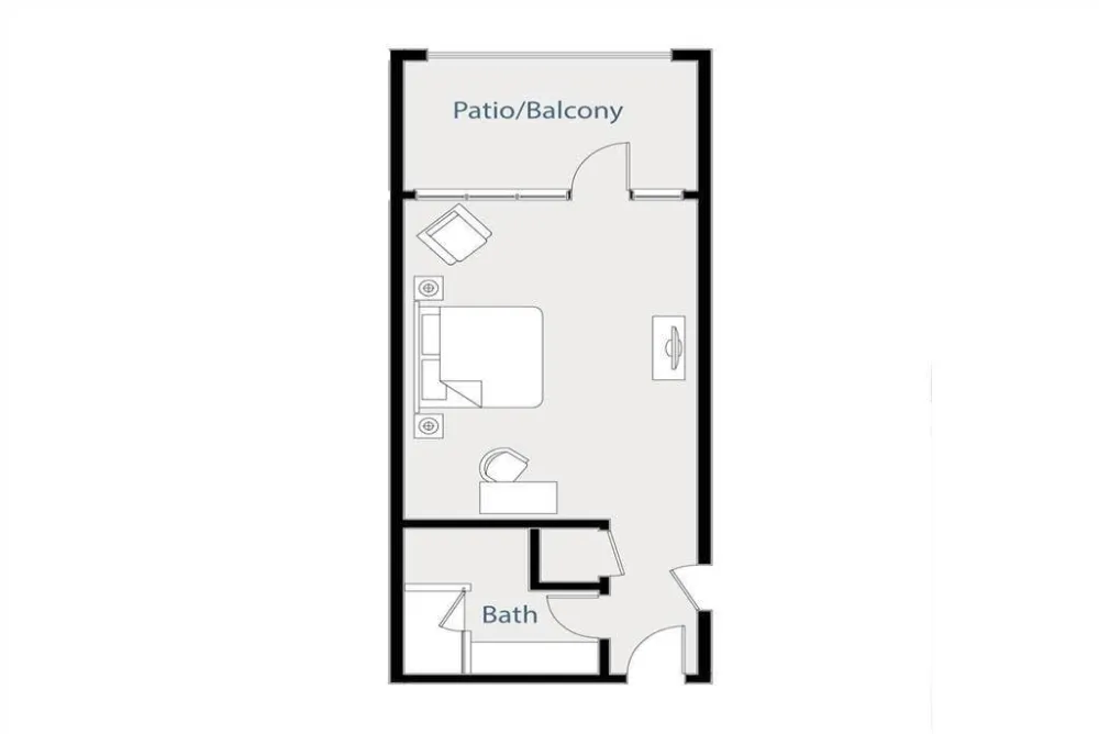 A studio apartment floor plan showing a patio/balcony, bath, kitchen area, and main living/sleeping space.
