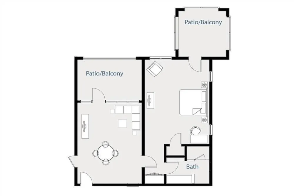 A floor plan showing a two-bedroom apartment with two patio/balconies, a living/dining area, a kitchen, a bathroom, and an entry.