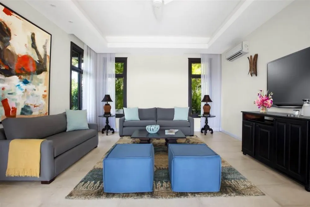 A bright, modern living room with two gray sofas, blue ottomans, a central wooden coffee table, a rug, artwork, and a black TV console with a flat-screen TV.