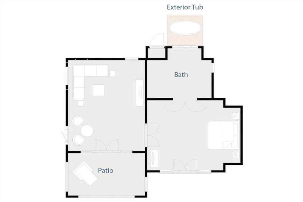 A floor plan showing a bath, exterior tub area above, a patio on the left, and a central living area with doorway openings, ending with a simple layout.