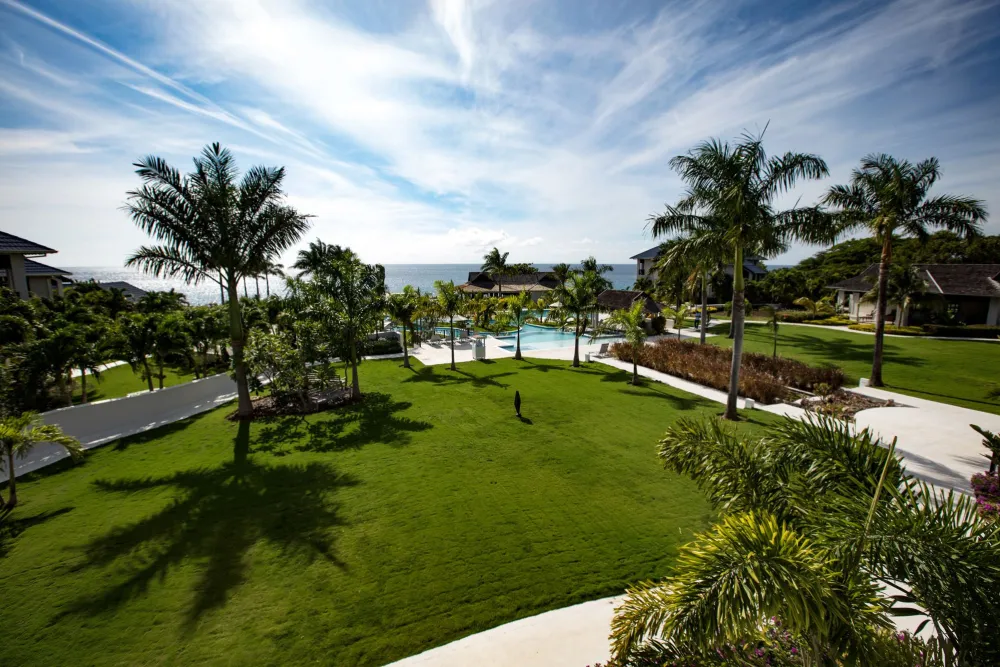 A sunny resort lawn with palm trees, a pool, pathways, and ocean view in the distance, inviting and tropical.