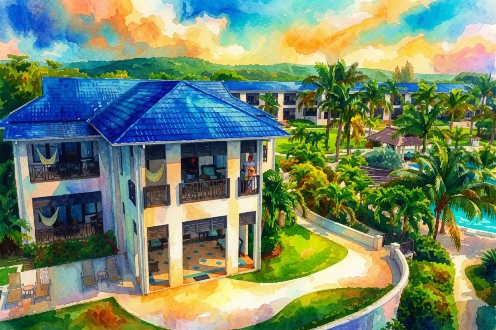 A sunny watercolor-style resort scene with a white villa, winding pathways, lush palm trees, and a bright poolside courtyard.