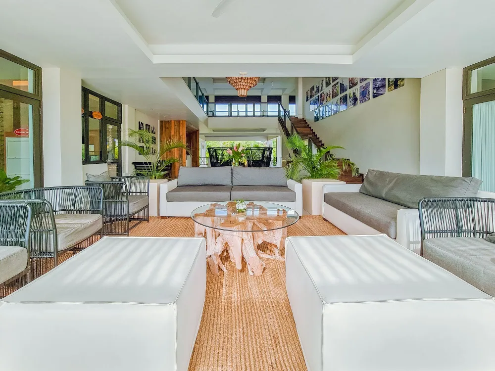 A bright indoor lounge with white sofas, a glass coffee table, potted palms, stairs, and wall photo displays extending upward.