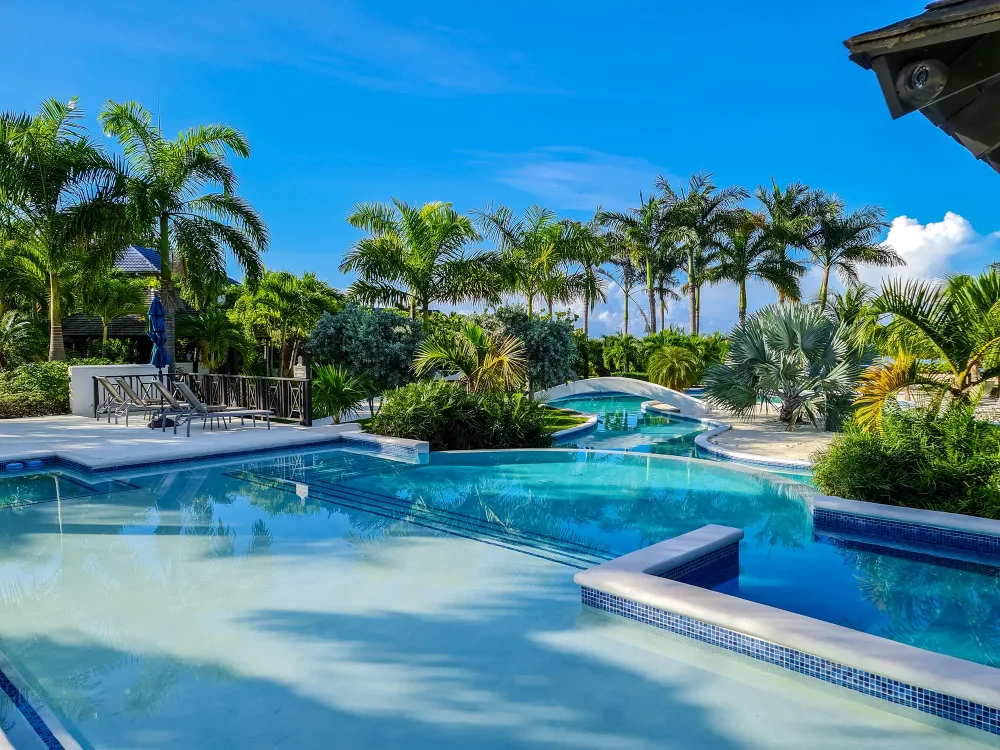 A sunny tropical poolside scene with clear blue water, palm trees, lounge chairs, and a bright, inviting vibe.