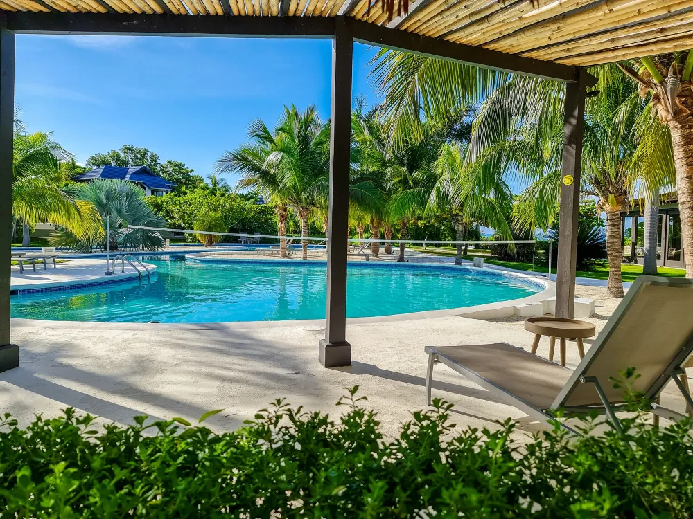 A tropical poolside view with a bright blue swimming pool, palm trees, lounge chairs, and a sunny, clear sky.