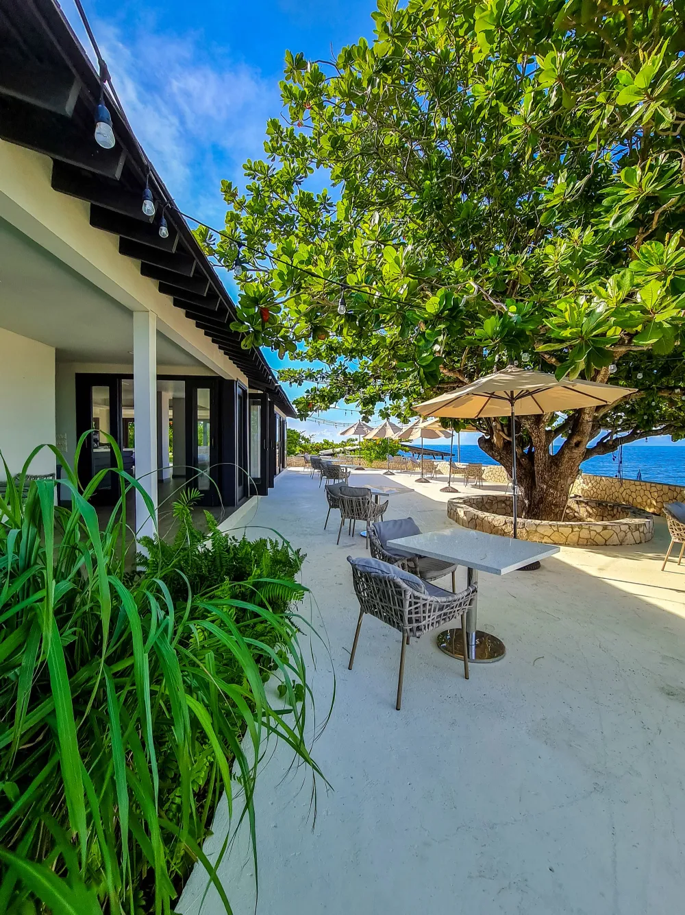 A seaside resort patio with white sand, green plants, string of chairs, umbrellas, and a bright blue sky over calm ocean—tropical and inviting.