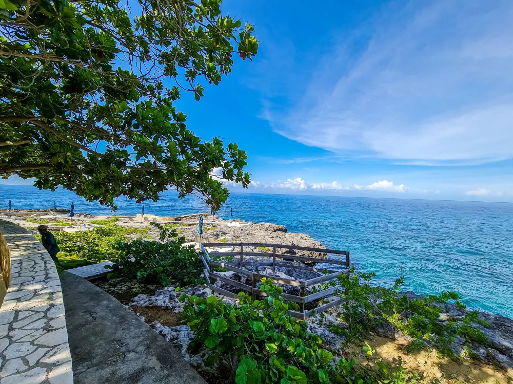 A seaside scene with a stone wall, lush greenery, and a bright blue sky over calm water, creating a tranquil coastal view.