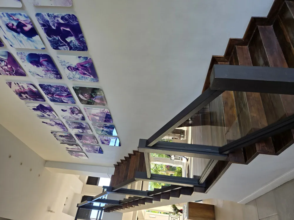 A modern staircase with dark wooden steps and railings, gallery-style photos on the wall, bright natural light, open space, minimalist decor.