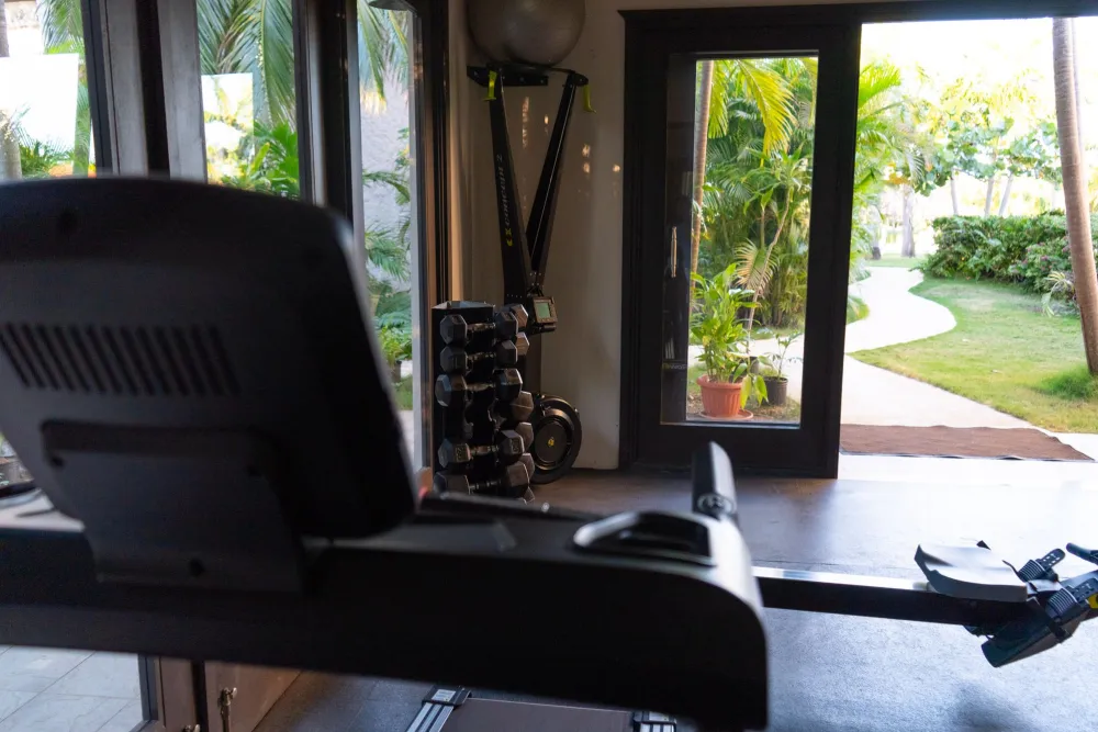 A home gym with a treadmill facing open doors to a garden, with weights on a rack and a scenic outdoor path, end it neatly.