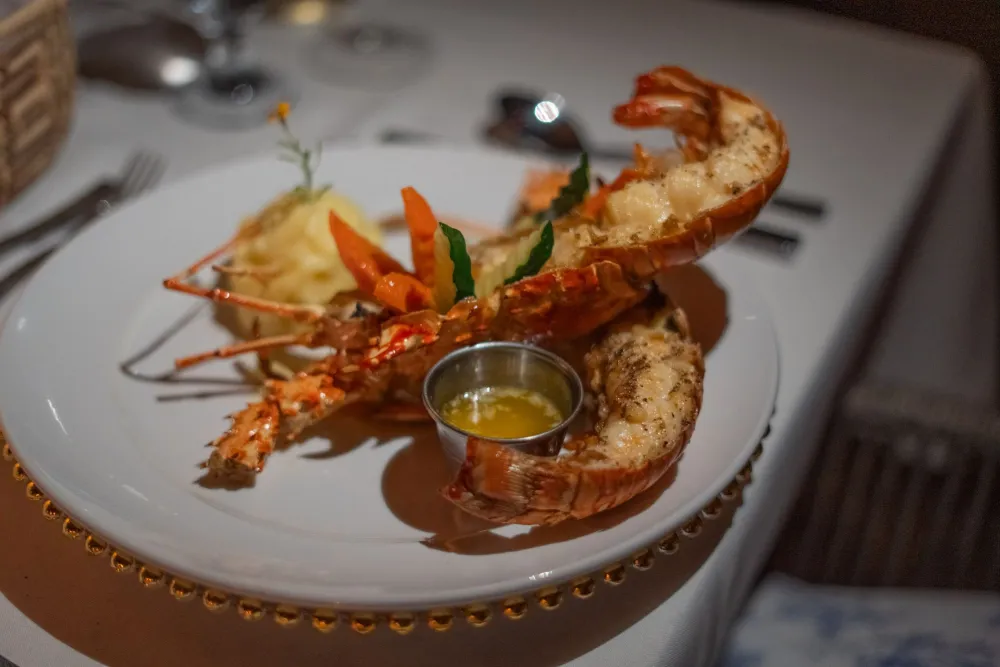 A plate with two large grilled lobsters tails and a small cup of melted butter or sauce, served on a fancy white dish at a restaurant.