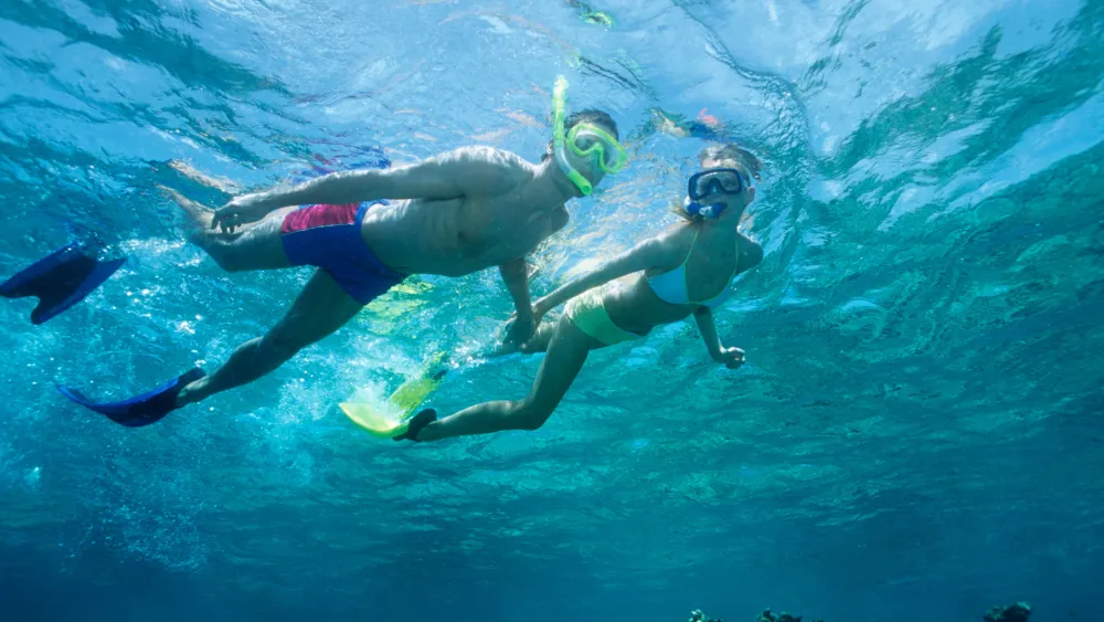 Two people snorkeling underwater, wearing masks and fins, gliding over a clear blue reef as sunlight shimmers above them.
