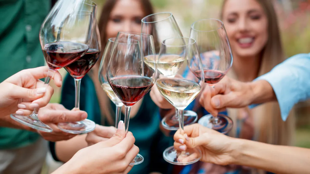 People clinking wine glasses in a toast, celebrating together.