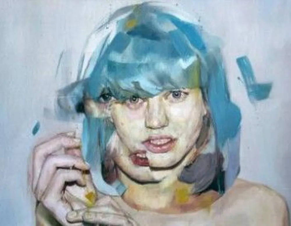 A painterly portrait of a woman with blue hair holding a small yellow object, looking forward with a surprised expression.
