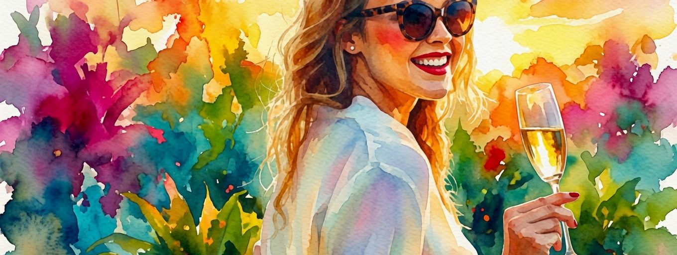 A smiling woman in sunglasses holds a champagne flute amid vibrant watercolor flowers, bursting with color and confetti-like splashes.