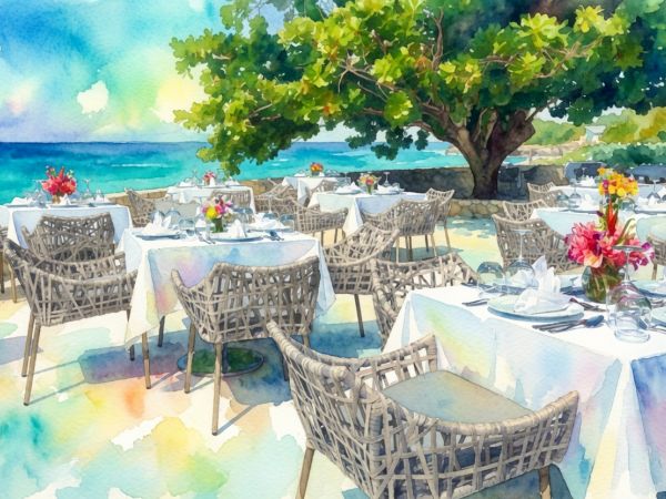 A seaside outdoor wedding banquet with white tables, woven chairs, and bright flower centerpieces under a big tree.