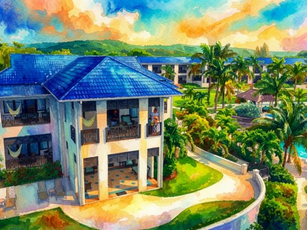 A sunny watercolor-style resort scene with a white villa, winding pathways, lush palm trees, and a bright poolside courtyard.