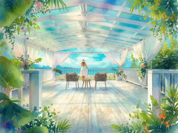 Watercolor garden gazebo patio with a woman in a hat, two chairs and table, leafy vines, bright ocean view, sky.