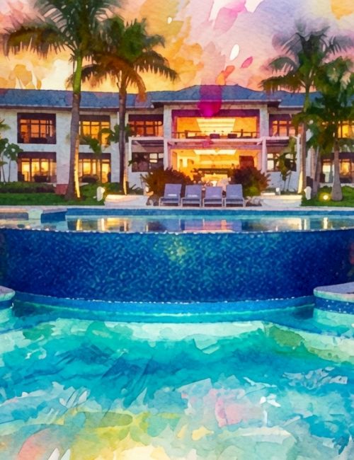 Watercolor scene of a luxury resort with a glowing blue swimming pool, palm trees, and warmly lit buildings under a colorful sky.