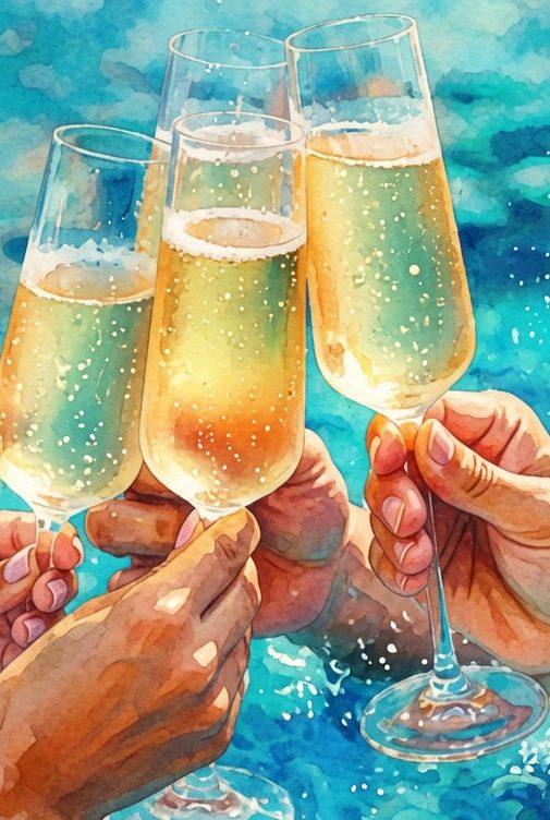 A watercolor scene of four hands clinking sparkling champagne flutes by a bright blue sea, with splashes and wet foam, like a toast.