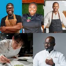 A collage of chefs in aprons, smiling and cooking in kitchens, with five people shown in cooking/work poses.
