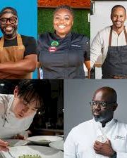 A collage of chefs in aprons, smiling and cooking in kitchens, with five people shown in cooking/work poses.