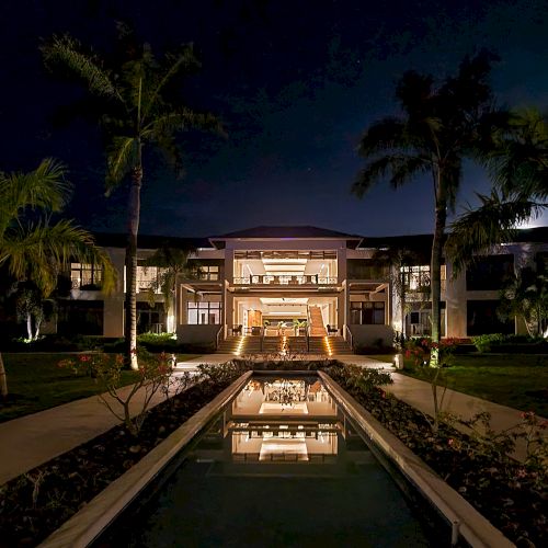 A nighttime scene of a modern house with a bright entrance, palm trees, and a rectangular reflecting pool leading to the lit doorway.