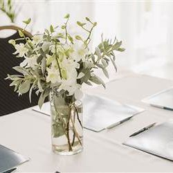 A bright, minimalist desk scene with a vase of white flowers, an open notebook, and soft sunlight streaming in.