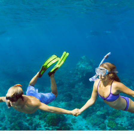 Two people snorkeling underwater, wearing masks and snorkels, holding hands as they swim above a vibrant coral reef with fins. End.