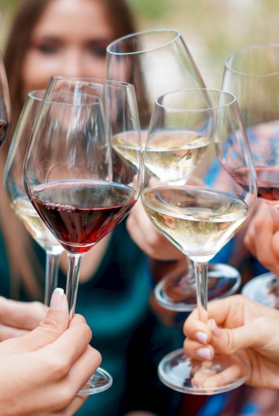 People clinking wine glasses in a toast, celebrating together.