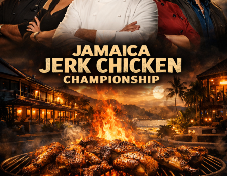 Five people pose above a blazing grill of jerk chicken against a tropical resort backdrop; bold text promotes the Jamaica Jerk Chicken Championship, with the tagline &ldquo;Respect The Jerk.&rdquo;