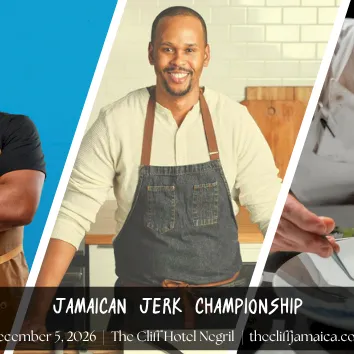 A promotional banner for the Jamaican Jerk Championship with photos of chefs cooking and event details like date and venue.