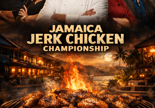 A poster for "Jamaica Jerk Chicken Championship" featuring five judges above a blazing grill, with the tagline &ldquo;Respect The Jerk&rdquo; and dates December 4 to 6, 2026.