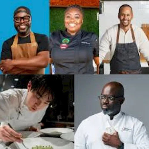 A collage of five chefs in aprons, smiling in kitchens and prepping food, showing different cooking moments.