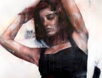 A painting of a woman in a black top, arms raised above her head, with a moody, abstract background.