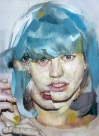 A surreal portrait of a woman with blue hair and abstract, colorful overlays blending into a soft, painterly background.