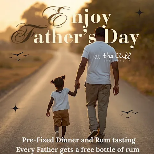 Double city stroll: a father and child walk hand-in-hand down a sunlit road, celebrating Father&rsquo;s Day with a pre-fixed dinner and free rum on entry.