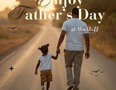 A heartwarming Father’s Day image: a dad and child walking hand-in-hand down a road at sunset, with festive text about a pre-fixed dinner and free rum bottle offer. End with a period. 140 characters, ending the sentence.