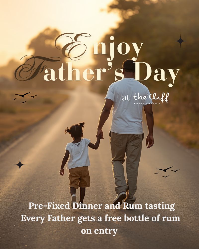 A heartwarming Father&rsquo;s Day image: a dad and child walking hand-in-hand down a road at sunset, with festive text about a pre-fixed dinner and free rum bottle offer. End with a period. 140 characters, ending the sentence.