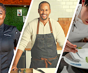 A collage of chefs and cooks—smiling and working—serving food in a kitchen and at a cooking station.