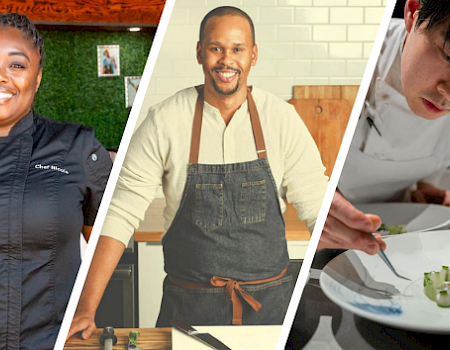 A collage of chefs and cooks—smiling and working—serving food in a kitchen and at a cooking station.