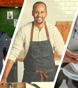 A collage of chefs and cooks—smiling and working—serving food in a kitchen and at a cooking station.
