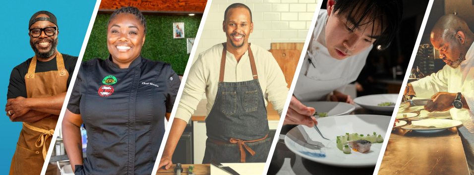 A collage of chefs and cooks—smiling and working—serving food in a kitchen and at a cooking station.