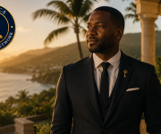 A man in a black suit stands by a seaside villa at sunset, with a Jamaica Concierg Network logo overlay.