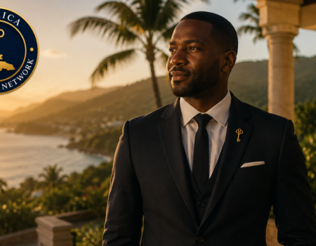 A man in a black suit stands by a seaside villa at sunset, with a Jamaica Concierg Network logo overlay.