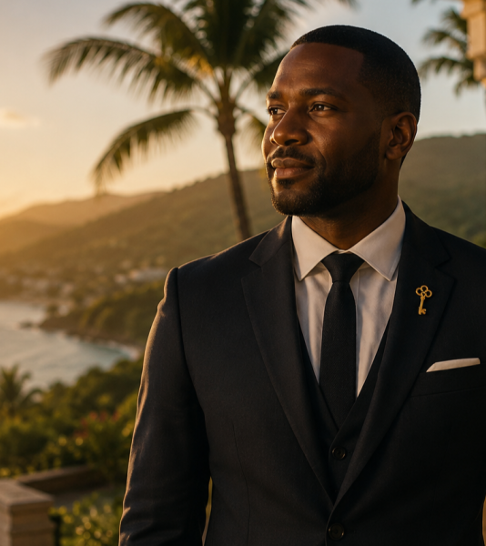 A man in a black suit stands by a seaside villa at sunset, with a Jamaica Concierg Network logo overlay.
