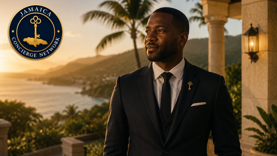 A man in a black suit stands by a seaside villa at sunset, with a Jamaica Concierg Network logo overlay.