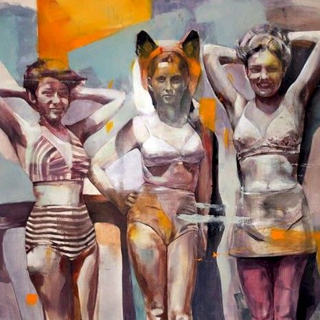 A colorful painting shows three standing figures, including one with a horse-like head, smiling in a warm, abstract background.