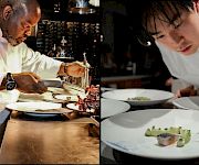The image shows two chefs plating food at a restaurant, carefully garnishing dishes on white plates.
