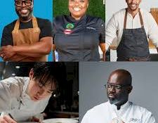 A collage of four cheerful chefs in aprons, including one preparing food and one serving, smiling in different kitchen settings.